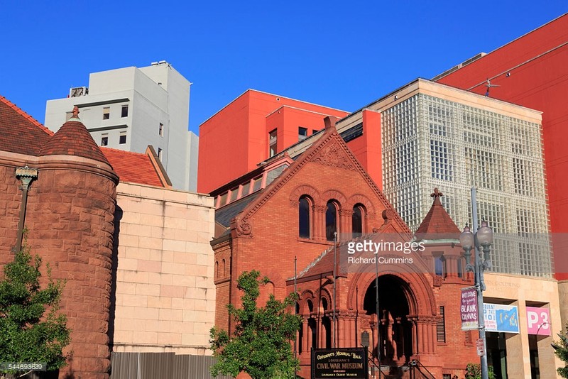 The Confederate Memorial Hall Museum sits between the former Howard Memorial Library and the Ogden Museum of Southern Art. 