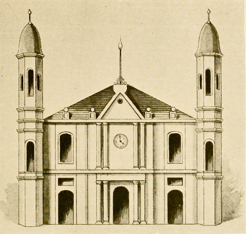 Rendering of the first version of the church, reprinted in "New Orleans as it was. Episodes of Louisiana life" by L. Graham & son, ltd., printers in New Orleans (1794; published 1895).