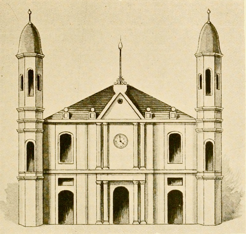 Rendering of the first version of the church, reprinted in "New Orleans as it was. Episodes of Louisiana life" by L. Graham & son, ltd., printers in New Orleans (1794; published 1895). 