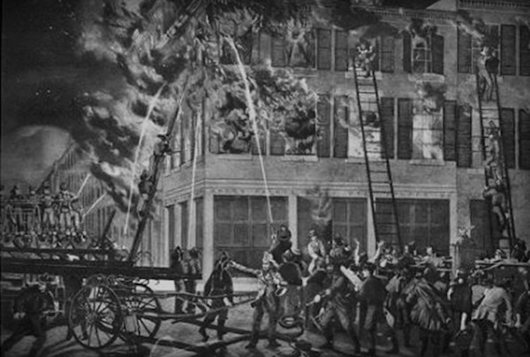 Rendition of the 1834 fire that almost destroyed the LaLaurie Mansion, only to reveal the horrors within the home. 