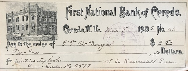 Check from the Ceredo Bank in 1902. Courtesy of the Ramsdell House.