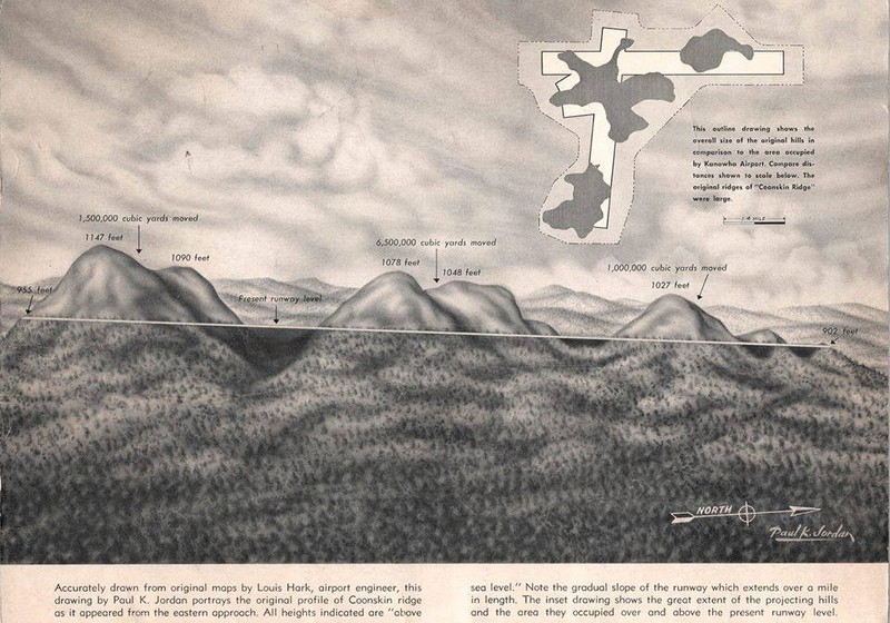 This brochure from the 1950s shows how engineers removed mountain tops and filled in valleys with nine million cubic yards of rock and soil to create space for the runways.

