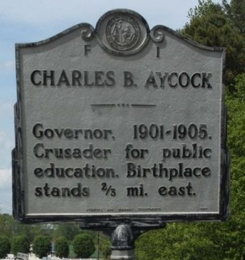 This marker, which says nothing about Aycock's support of white supremacy, was dedicated in 1957 and reflects the interpretation of many historians at that time. It is located on the corner of Highway 117 and Aycock road.