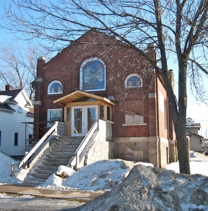 Front view of the synagogue, with restoration of the vestibule underway.