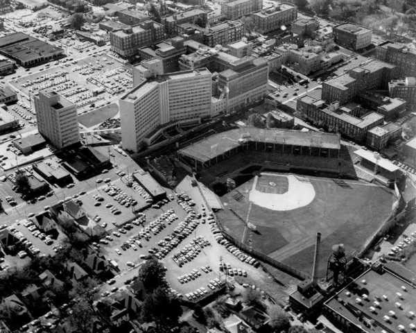 An aerial view of the former ballpark