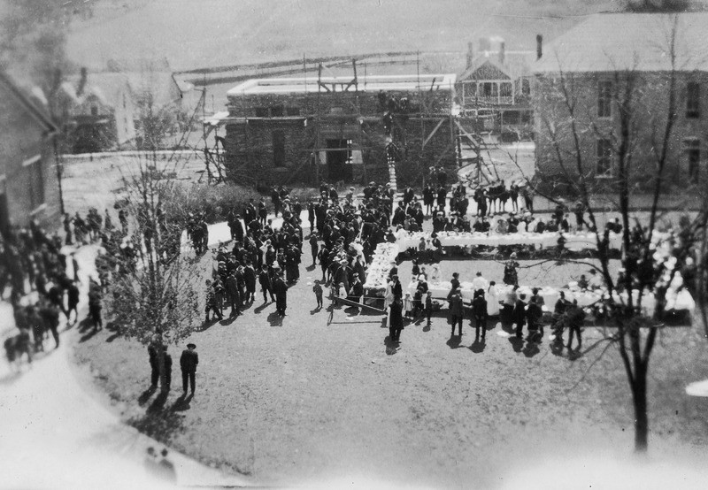 A campus gathering during the construction of Montague Hall, originally designed as the campus library, Montague now is home to the Rural Heritage Museum.