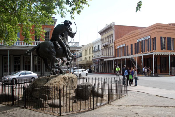 Across the street from the statue is the B.F. Hastings Building, which served as the western terminus of the Pony Express. From this point, mail usually proceeded to San Francisco by ferry.