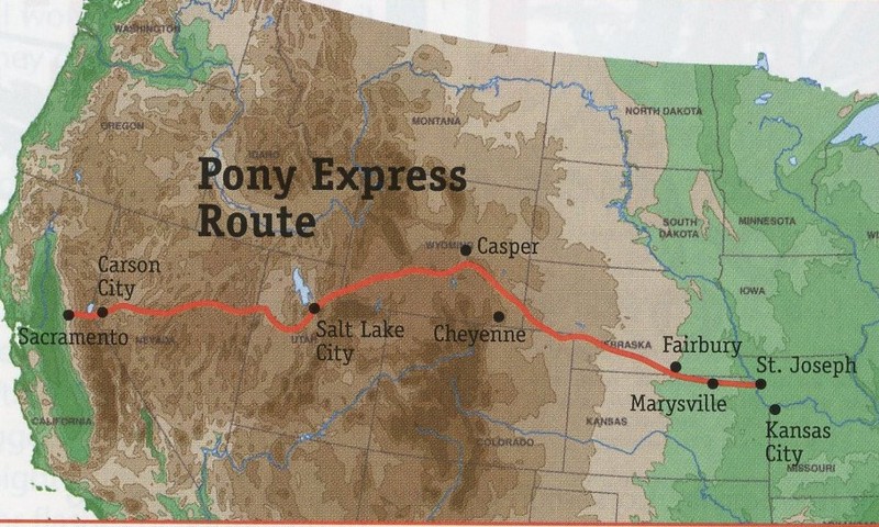 An overview of the Pony Express's route from Missouri to California. News came by train or telegraph to St. Joseph, MO from the east coast. Once riders arrived in Sacramento, a ferry carried mail to San Francisco.