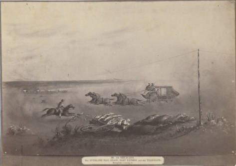 A drawing by Edward Vischer depicts all three forms of overland communication in the 1860s. Vischer is one of the best primary sources of visual materials from the era (Claremont Colleges).