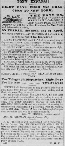 Advert in the Sacramento Daily Union from April 16, 1860, only a few days after the first Pony Express rider arrived in the city with great fanfare and celebration.