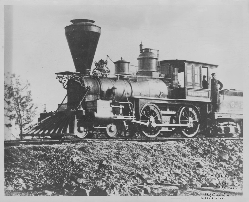 The "Governor Stanford," Central Pacific's first locomotive--built while Leland Stanford was serving as governor from 1862-63 (California governors only served 2-year terms at the time). The locomotive resides in the nearby Railroad Museum.