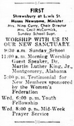 An invitation to First Baptist Church to listen to guest speaker Rev. Martin Luther King, Jr.