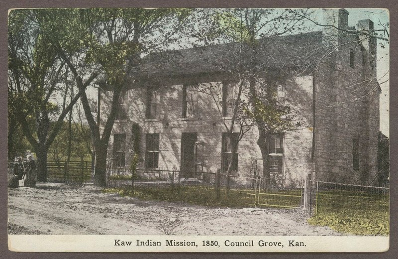 1850 photo of the Kaw Mission in Council Grove