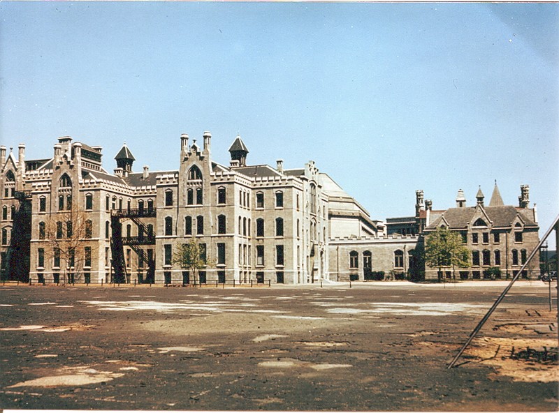 Color photo of Good Friends Building and back of Lafayette Hall before 1960 demolition.