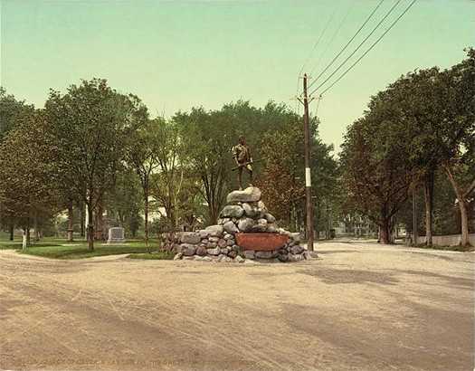 This is an early photograph of the Lexington Minuteman, taken two years after its unveiling in 1900. Courtesy of the Library of Congress.