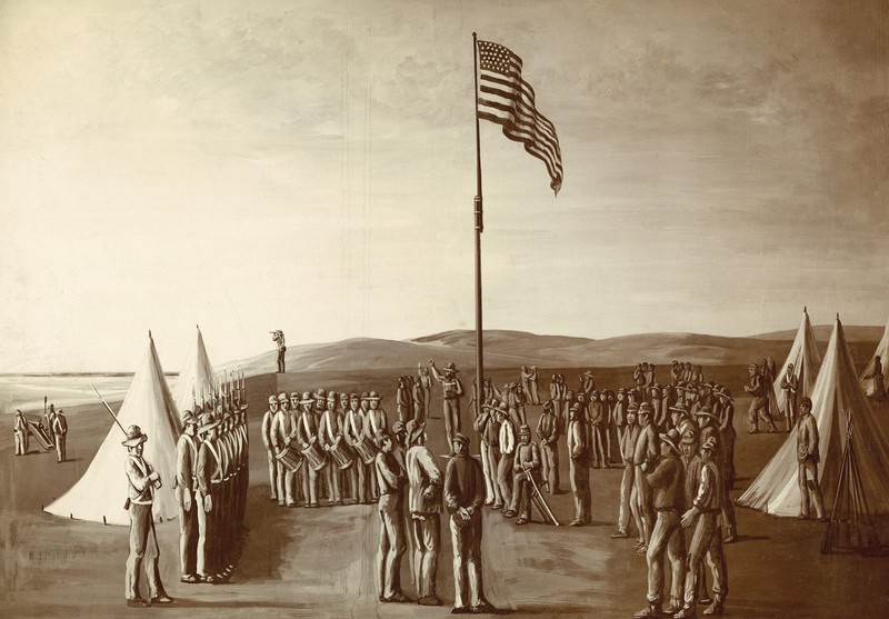 Period drawing of the Battalion raising the flag in San Diego