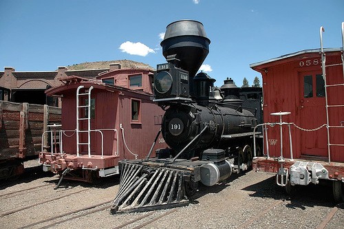 Some of the older locomotives and cabooses on display behind the museum.