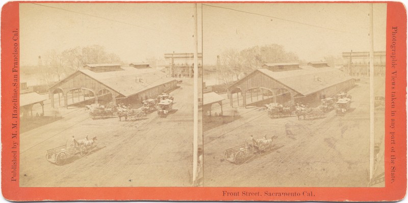 A stereograph from the Railroad Museum's archival collection shows the Central Pacific's passenger station, which is now restored and operated by the Museum. Front Street is at right--the old freight depot at far left.