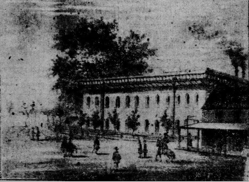 The Water Works as it originally appeared in 1854, in a lithograph reprinted in a 1906 edition of the Sacramento Union newspaper--the year it was sold to Southern Pacific Railroad. The building was demolished seven years later.