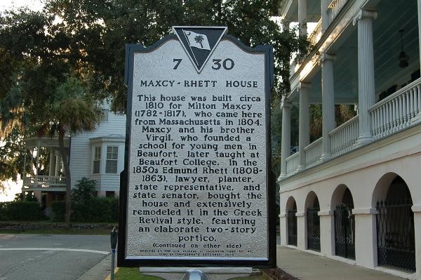 The historic marker at the site of the Maxcy-Rhett house in Beaufort, South Carolina.