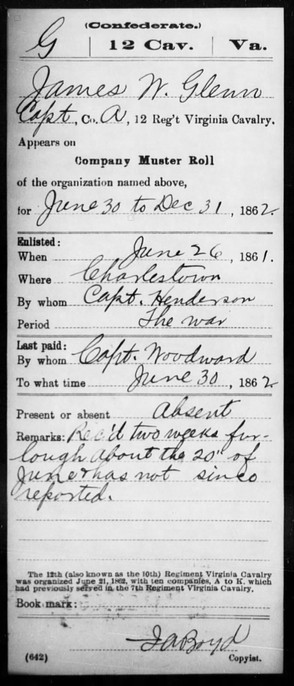 Glenn service record noting date of enlistment