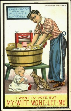 An anti-suffrage poster, appealing to fears of some male voters that suffrage for women would replace patriarchal authority with matriarchal tyranny. 