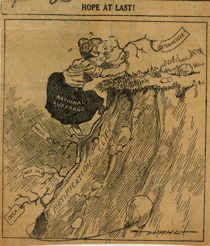 An editorial cartoon, in which the suffragist movement, represented by a woman, grabs hold of a plant, representing Tennessee, as the final hope for achieving ratification of the 19th Amendment