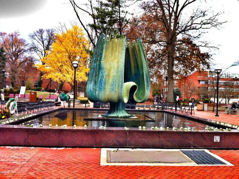 This is the Marshall Plane Crash Memorial Fountain found on Marshall's college campus. The water stays on every year except on November 14, 1970 when the plane crash happened. This fountain pays tribute to the 75 people Marshall loss on that sad day.