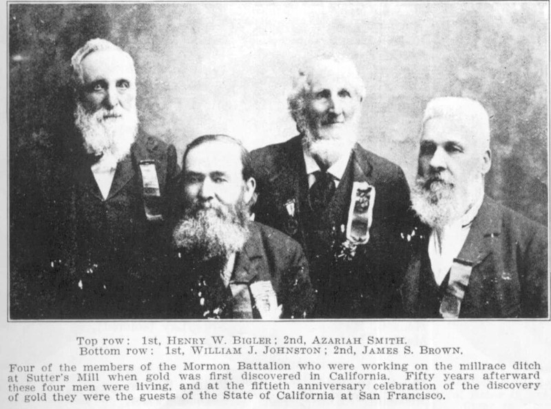 Four survivors of the Mormon Battalion at Sutter's Mill circa 1880s. Left-Right: Henry Bigler, William Johnston, Azariah Smith and James Brown