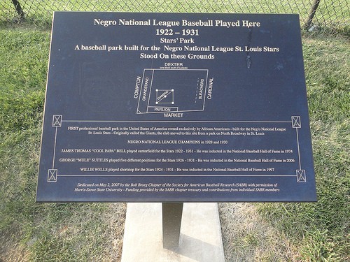 This historic marker is located at the site of the ballpark used by the St. Louis Stars and was placed by the Society of American Baseball Research.