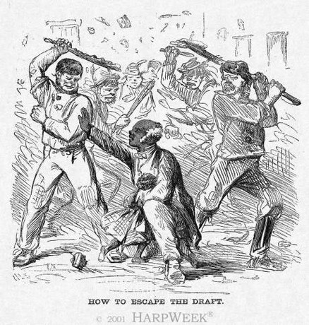 Cartoon posted in the newspaper Harper's Weekly after the draft, depicting a mob beating an elderly Black man 