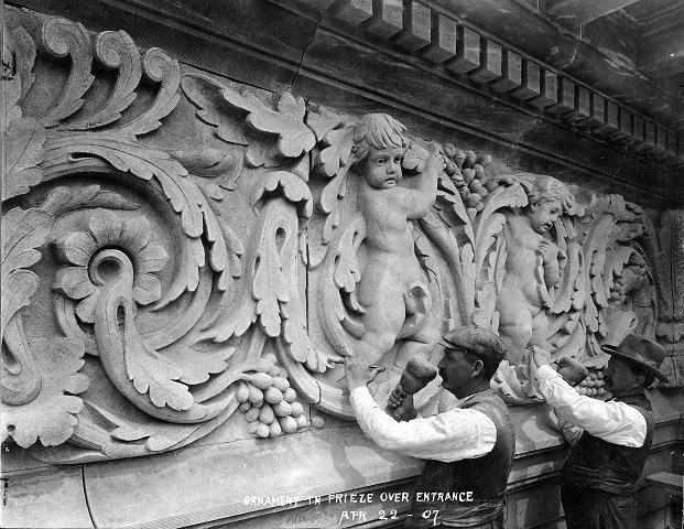 Sculptors at work on one of the library's friezes, 1907 (image from LFPL)