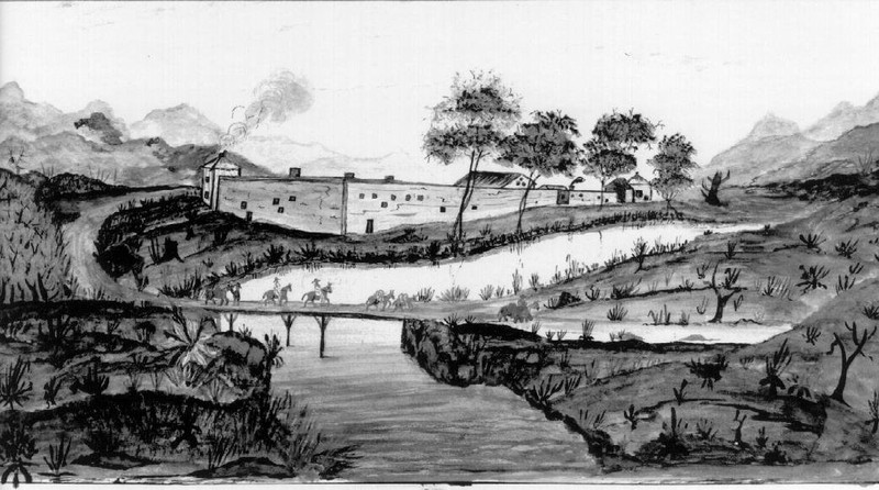 The fort in 1849, in a painting by John Hovey. Tens of thousands of acres around the fort were owned by Sutter, and were not developed until after he began to sell off land during the Gold Rush to pay his debts. 