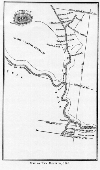 A map of Sutter's initial Mexican land grant. He later purchased additional land, expanded his holdings, and was at one time the most powerful man in northern California.