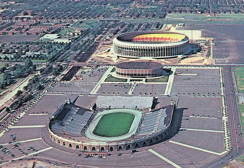 John F. Kennedy Stadium in 1971 with The Spectrum and Veterans Stadium in the background. 