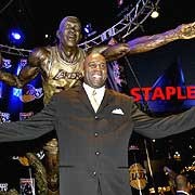 Magic Johnson at the unveiling of his statue located in front of the Staples Center. 