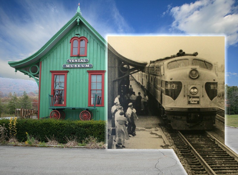 The Vestal Museum as it appears today, with photo inset of the Pheobe Snow's last stop at the station in 1959.