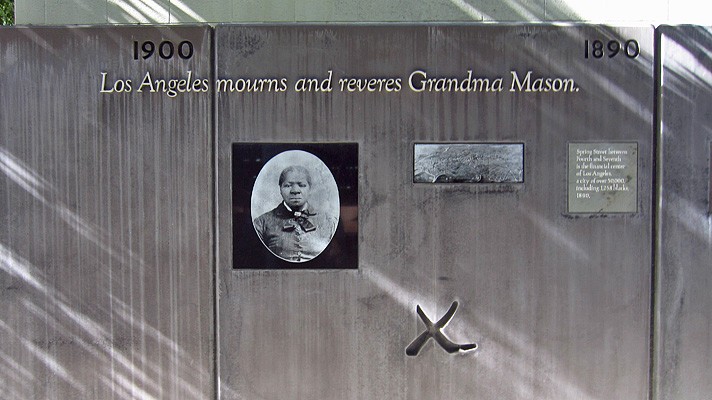 The wall depicting a timeline of Biddy Mason's life in Biddy Mason Park, downtown Los Angeles. 