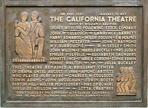 The California Historical Landmark plaque for the California Theatre, located on the side of Pacific Telephone Building.