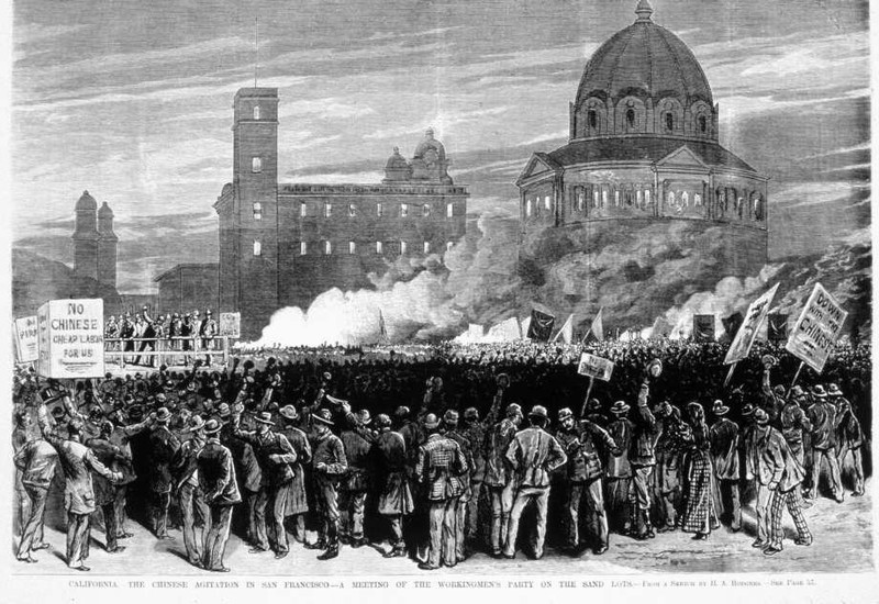 A contemporary illustration shows a mob of discontented laborers rallying on the "sand lot" near City Hall. A gathering such as this was incited to riot in July 1877.