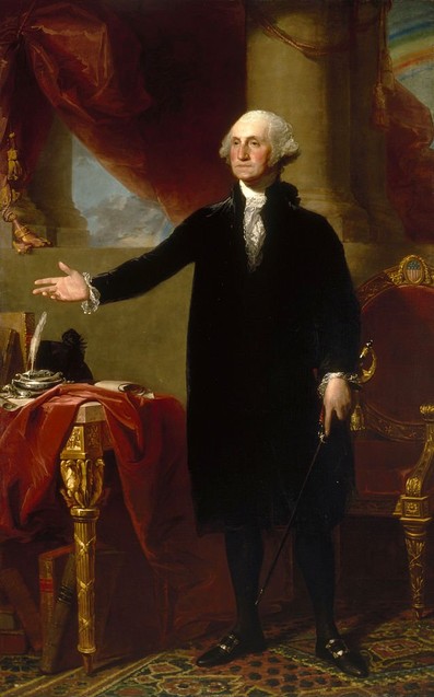 Gilbert Stuart's portrait of George Washington, exactly as we see him on the dollar bill. This portrait hangs in the Old State House, as it has done since its completion in 1796 (the same year the State House itself was completed).