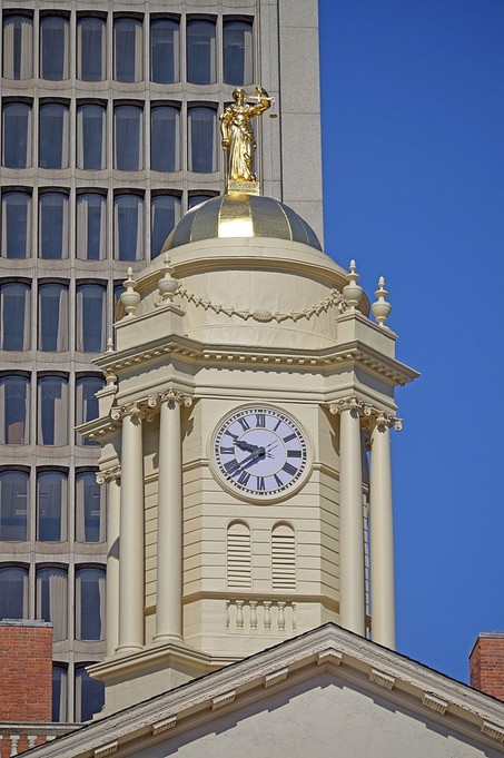 The cupola with Lady Justice that was draped in Black by activists to mourn the death of John Brown in December, 1859. 