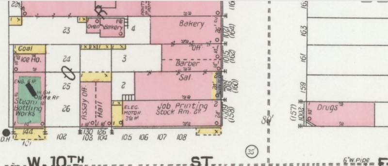 1904 Sanborn map, Saloon ("Sal.") at Main Street Furnishings Bldg, 2nd building N of 10th St. (Sanborn Map Co. p. 4)