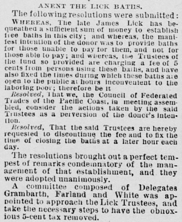 Public disapproval of the "price hike" at the Baths was evident a few days before the position was made permanent, when a resolution from the Federated Trades council condemned the choice.