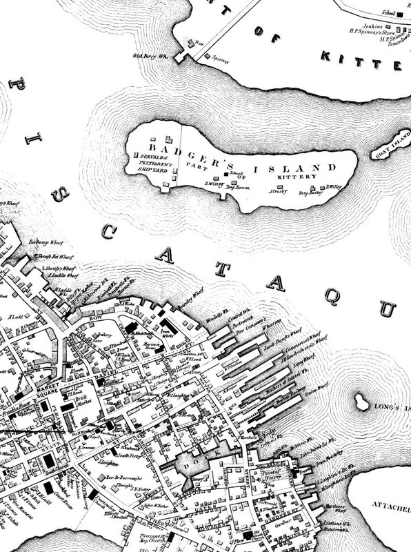 Map of Badger Island showing location of Fernald & Petigrew Shipyard (formerly Badger Shipyard).