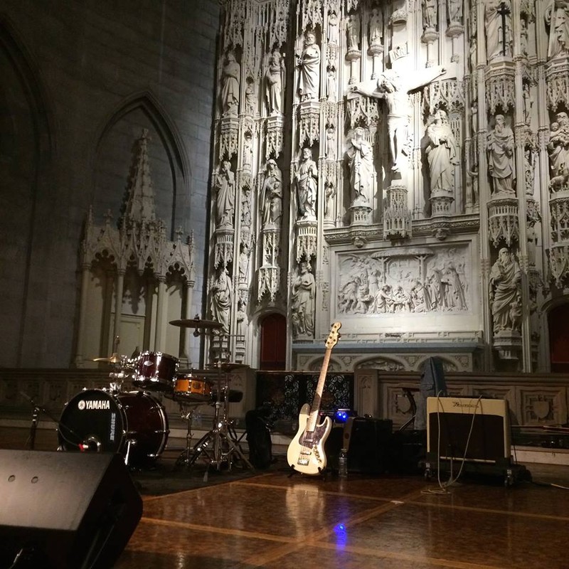 A view of the cathedral's reredos, with rock instruments (from a recent performance) in the foreground