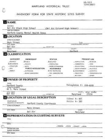 Maryland architectural survey form describing the address of the school