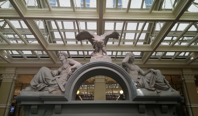 The sculpture Peace and Vigilance by Daniel Chester French (in the atrium)