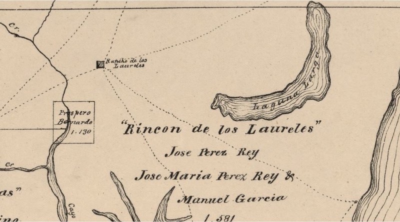 Closeup of headquarters at "Rancho de los Laureles" on 1879 map (Walsh)