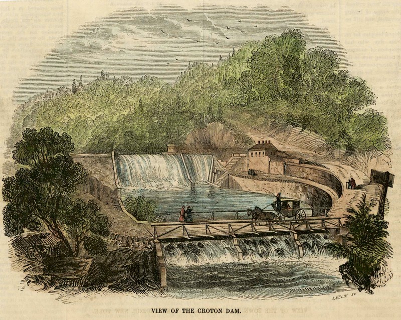 An 1852 engraving of the Old Croton Dam.